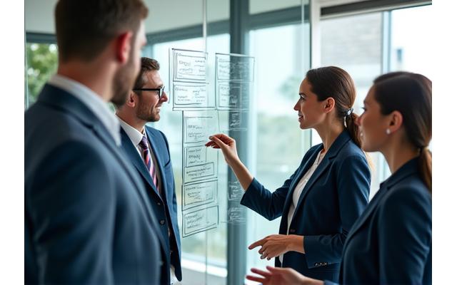 Group of diverse business professionals in a meeting room, engaged in discussion with charts on a whiteboard.
