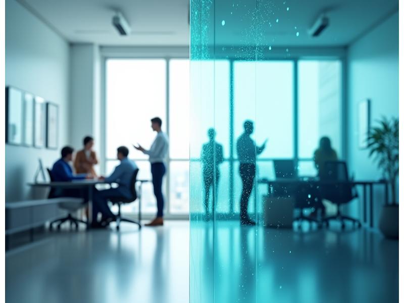 A visual representation of a hybrid workplace, blending modern office spaces with individuals working remotely from home, connected by glowing lines or network symbols, signifying integration.